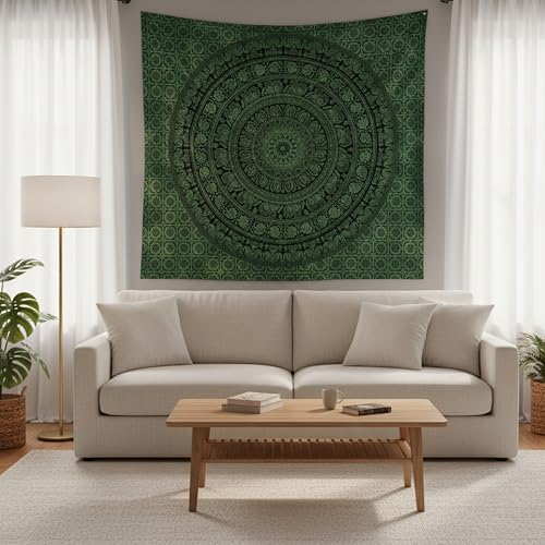 Image of Craft Trade 54x84 Inches Dark Green Cotton Mandala Ombre Wall Hanging Tapestry
