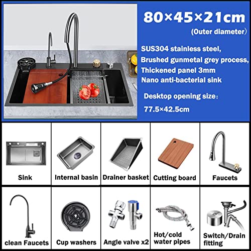 Évier cuisine cascade avec robinet rétractable ensemble complet noir
