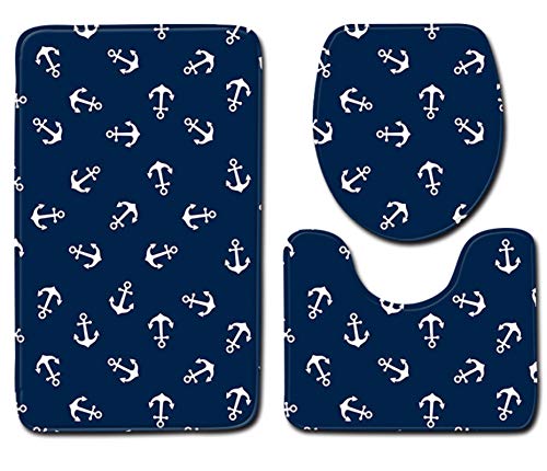 AZZXZONa Badmatten-Set 3-Teilig Atmungsaktiv rutschfest, Badematte + Sockelmatte + Toilettensitzbezug Matte Dreiteilige Toilette Flanell Weißer Anker Blauer Boden