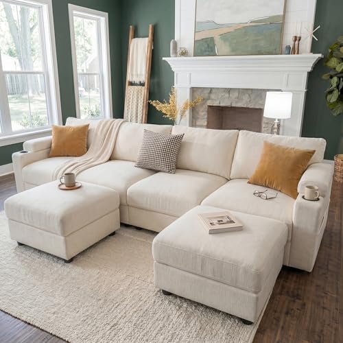 Image of Sectional Couches for Living Room FSC Certified Velvet Modular Couch Oversized Cloud U Shaped Convertible Sleeper Sofa Chaise Detachable Armrest Cushion (Chenille Beige, U Shape 6 Seat)