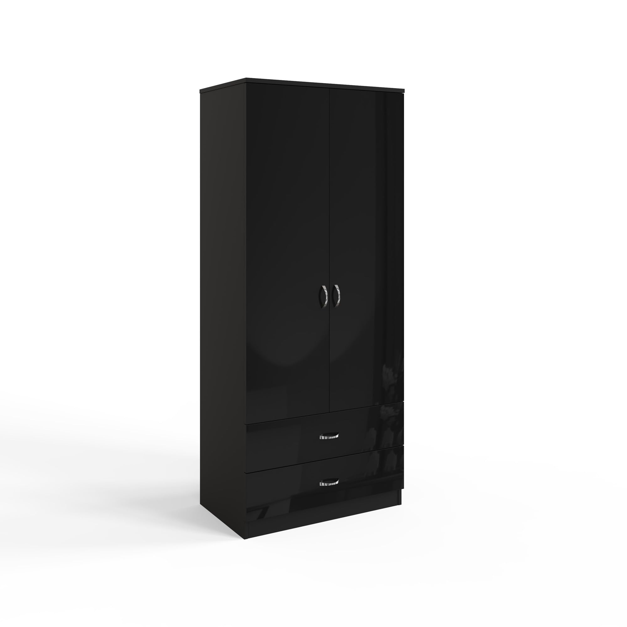 FWStyle Chilton High Gloss 2 Door 2 Drawer Combination Wardrobe, Black