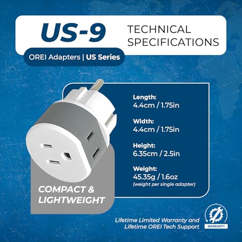 Image of OREI Germany, France, Schuko Power Plug Adapter with 2 USA Inputs - Travel 3 Pack- Type E /F (US-9) Safe Grounded Use with Cell Phones, Laptop, Camera Chargers, CPAP, and More