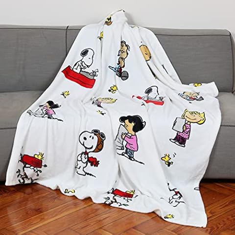 Kanguru Plaid Snoopy Peanuts Blanket, Super Soft, Cozy, fluffy, Warm, Throw Fleece Blanket Microfiber Gift for Confort Relaxing on Sofa, Bedroom, Couch, Travel, Kids, colour White, Size 130 x 170 cm Cover