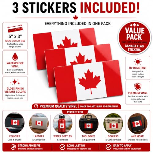 Image of Canadian Flag Vinyl Flag Stickers, Car Decals, Waterproof Indoor Outdoor, Laptop Stickers, Car Bumper, Canada Flag, 5 x 3 Inches, Set of 3