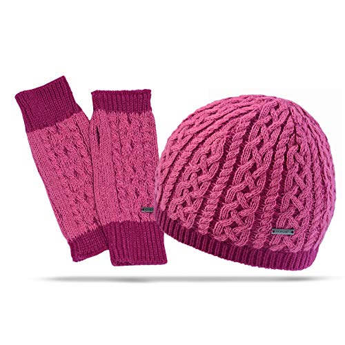 Cable Knit Womens Hand Warmers & Winter Beanie Gift Set (light rose/raspberry)