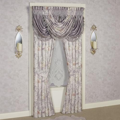 Romantica Luxury Window Treatment | Rod Pocket | Floral Damask | Blush, Lavender, Ivory | Polyester Velvet | 4 Pc Window Set: 84L Curtain Panel Drapery Pair, 1 Floral and 2 Solid Waterfall Valances