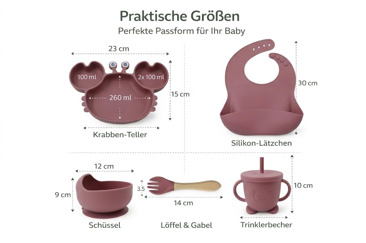 Eliano Set di 6 pezzi in silicone per bambini con piatto per granchio – stoviglie antiscivolo con ventosa, tazza con cannuccia, cucchiaio, forchetta e bavaglini – senza BPA, lavabile in lavastoviglie