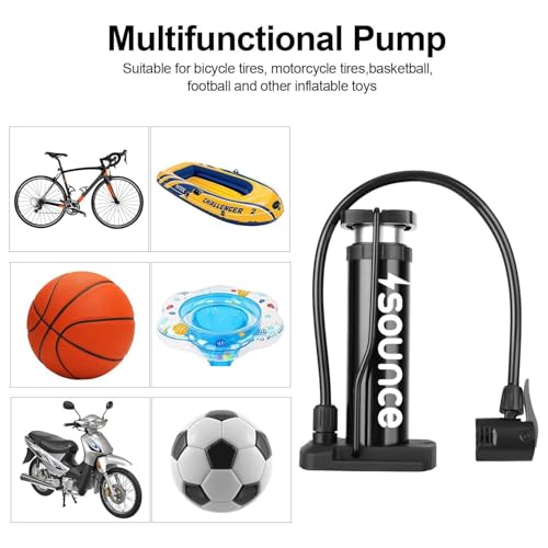 Image of Sounce Bike Floor Pump, Portable Bicycle Foot Pump, Mini Air Pump with Presta & Schrader Valve, Hand & Foot Activated Tire Inflator for Mountain & Road Bikes, Balls & More