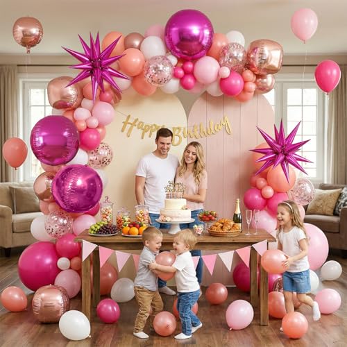 Image of 6pcs 22 inch Hot Pink Star Balloons and Hot Pink 4D Large Foil Balloons, Foil Star Spike Balloon 4D Ball Balloon For Girls Women Birthday Baby Shower Party Wedding Engagement Mother's day Decorations