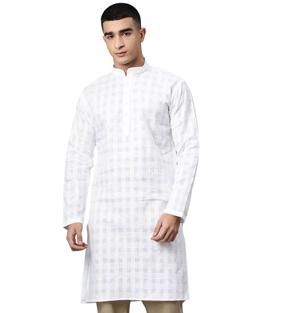 majestic man Men's Pure Cotton Textured Check Mandarin Collar Long Kurta-picture-28