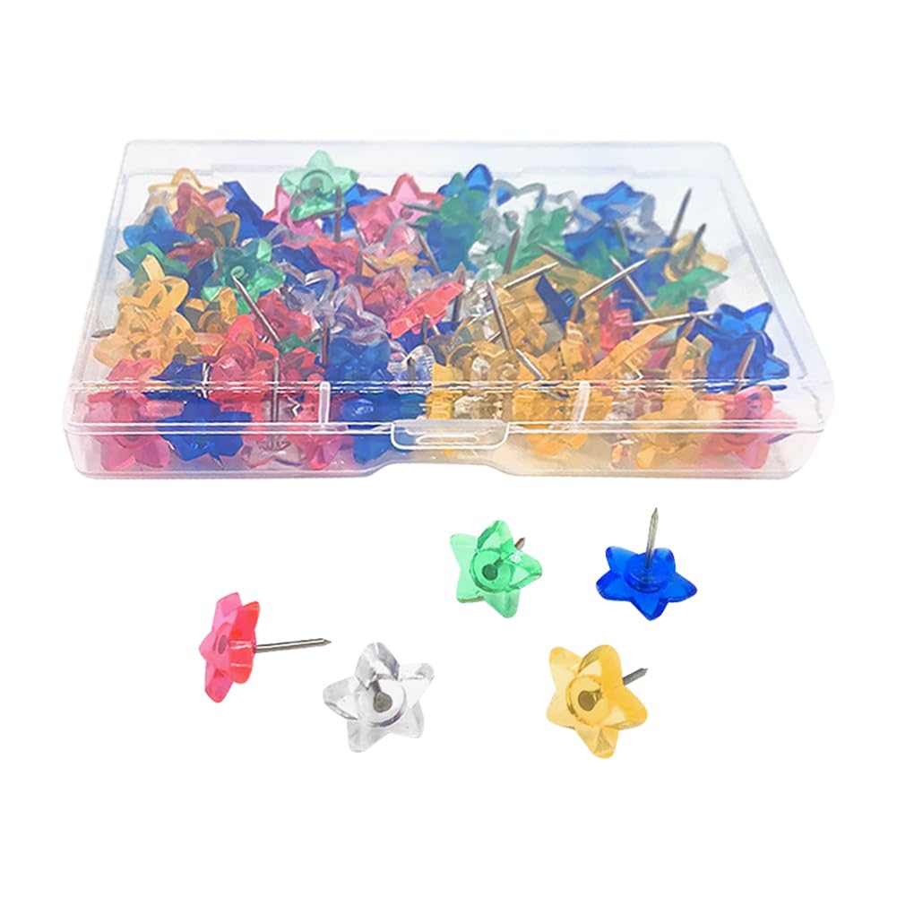 100 Pcs Star Shaped Push Pins Large Colorful Thumb Tacks Plastic Head Push Pins Wall Hanging Thumb Tacks Cork Board Thumbtacks Decorative Pushpins with Storage Box