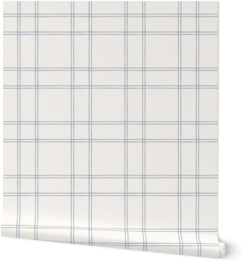 Peel & Stick Wallpaper Swatch - Farmhouse Check Soft Blue and Cream Simple Minimal Classic Neutral Large Scale Custom Removable Wallpaper by Spoonflower