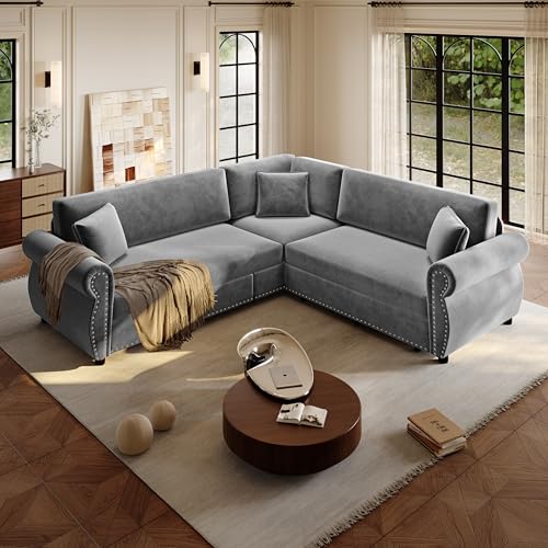 Image of KCGKCG 88.2 inch Sleeper Sofa Bed, Sectional Couches for Living Room /Apartment, Chenille L Shaped Couch with Pull Out Couch Bed, Convertible Sectional Sofa with Rolled Arm & Nailhead Trim, Light Grey