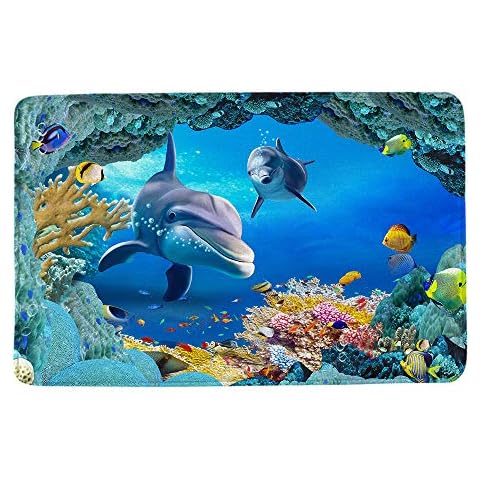 HIYOO Ocean Underwater Seabed Coral Fish Dolphins Non Slip Bathmat, Doormat, Bathroom Bath Floor Kitchen Area Door Entrance Rugs Mat, Soft Flannel Fabric with Inner Thick Sponge 15.7" W x 23 Cover