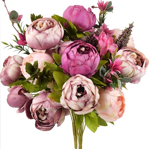 Image of FiveSeasonStuff Soft Peach Pink and Magenta Red Vintage Artificial Peonies Silk Flowers and Hydrangeas for Wedding Bridal Home Decor - Beautiful Floral Centerpiece Bouquet (Celestial Beauty)