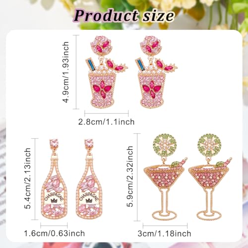 NATTASOUL 3 Pairs Champagne & Martini Glass Earrings Dangling Novelty Colorful Handmade Wine Glass Alcohol Goblet Beach Holiday Earrings Gifts Drink Studs Dangling Set Pack for Women Party Birthday Gift2
