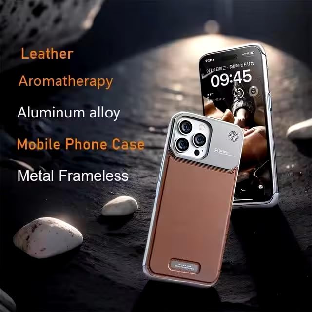 Image of Business Leather Phone Case Compatible with iPhone 16 Pro Case Wireless Charging | Aluminum Alloy Eco-Friendly Cloth Aroma Therapy Phone Case (Gold)