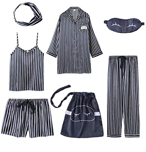 SAPJON Women's 7pcs Silk Satin Pajama Sets Stripes Cami Top Sleepwear Soft Pjs Loungewear with Chest Pocket and Eye Mask Navyblue