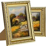 upsimples 5x7 Picture Frame with Real Glass, Ornate Vintage 5 x 7 Photo Frames for Wall Decor or Tabletop Display, Gold, 2 Pack