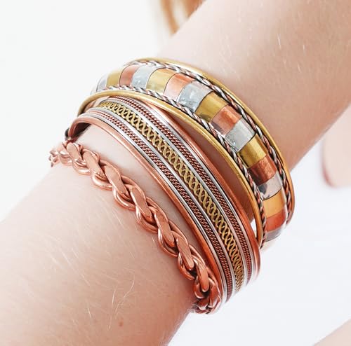 Image of Touchstone copper bracelets | gift for men women |adjustable 100% pure solid real magnetic jewelry | handmade bracelet set combo | rope braided tibetan bangles.