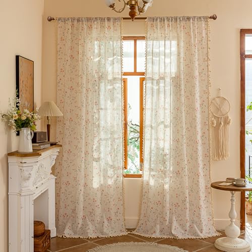 Image of MYSKY HOME Pink Floral Linen Semi Sheer Farmhouse Curtains 96 Inches Long 2 Panels Set for Living Room Patterned Boho Flower Drapes Girls Bedroom with Tassels Back Tab Window Treatments, 50 inch Wide