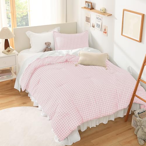 Image of Andency Pink Gingham Comforter Set Full(79x90Inch), Blush Checkered Grid Plaid Buffalo Bed Set for Girls Boys Kids Teens, 3 Pieces Lightweight Polyester Geometric Preppy Bedding