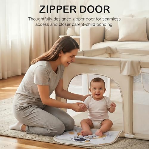 Image of Baybee 200 x 180 CM Kids Playpen for Babies with Basket Ball Hoop | Baby Play Area Indoor Setup with Colourful Balls, Zipper Door & Toys Pouch | Kids Activity Play Gate Fence with Corner Protection | Outdoor play pen for baby for 0 - 5 years Boys Girls (Beige)