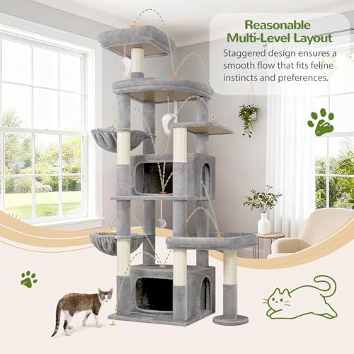 Image of Globlazer 75in Sturdy Cat Tree for Large Cats, Heavy Duty Multi-Level Cat Tower for Indoor Cats with Extended Platform, 2 Spacious Condos, 2 Padded Perches, 6 Sisal Scratching Posts, S75, Light Grey
