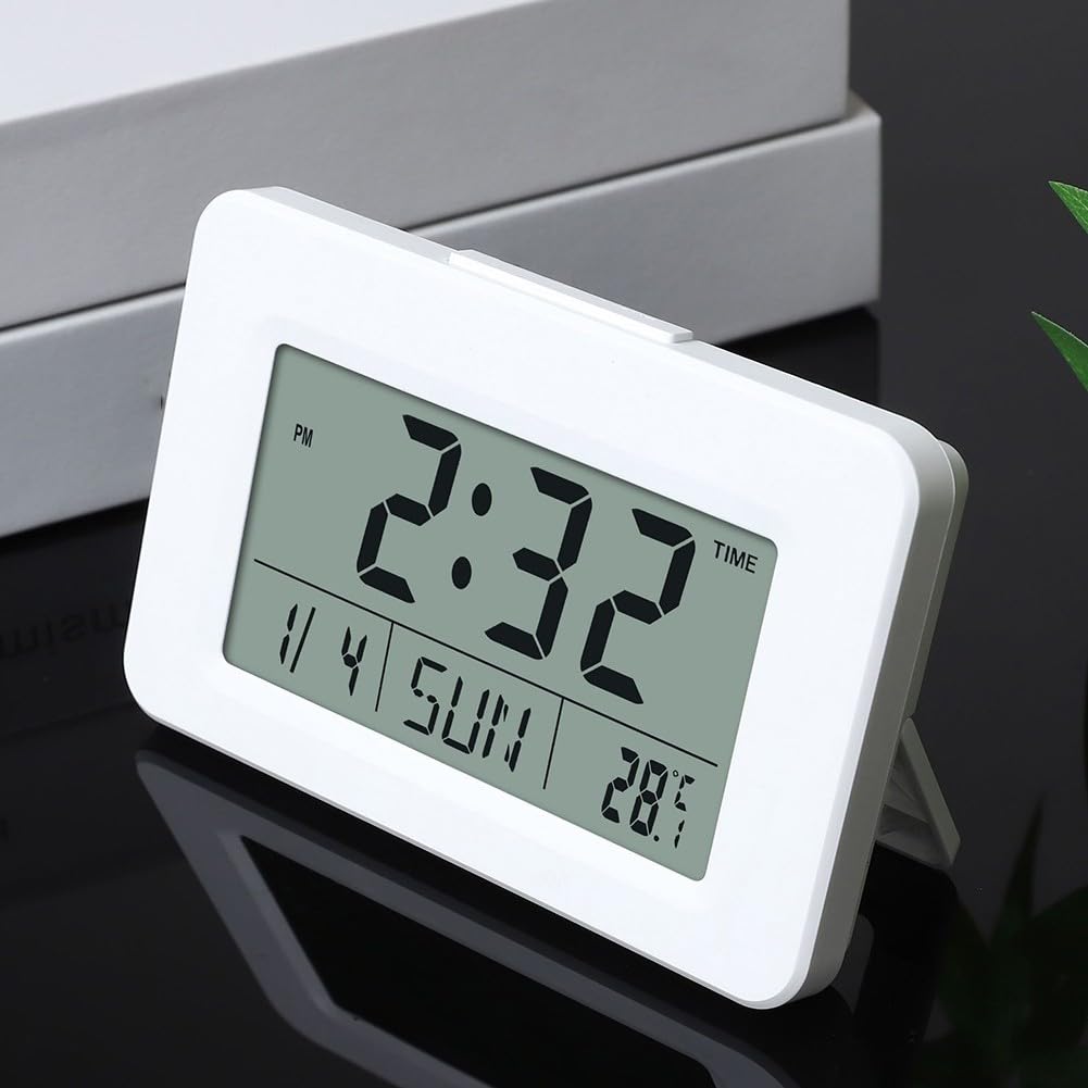 Reloj despertador digital con pantalla LCD para calendario perpetuo, monitor de temperatura y humedad, 9 tonos musicales, formato 12/24h, retroiluminación para dormitorio, escritorio, oficina