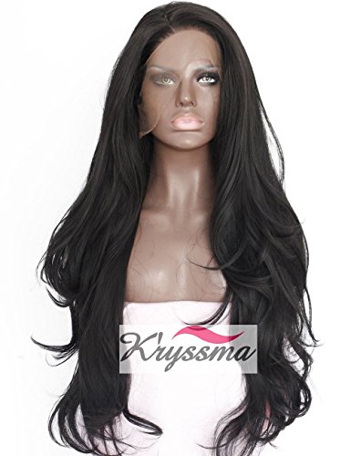 K'ryssma Black Lace Front Wigs for Women Natural Wave Long Synthetic Wigs Heat Resistant Fiber Hair #1b 22 Inches
