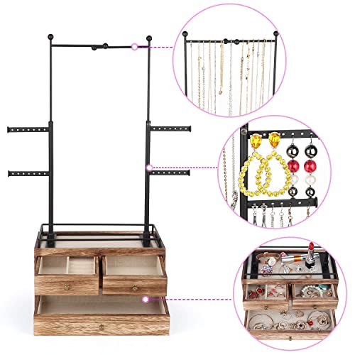 Bundle With Jewelry Organizer - 2 Layer Wooden Jewelry Drawer Storage Box With 6 Tier Jewelry Tree Stand, Jewelry Display For Necklaces Bracelet Earring Ring (Carbonized Black) #TOP4