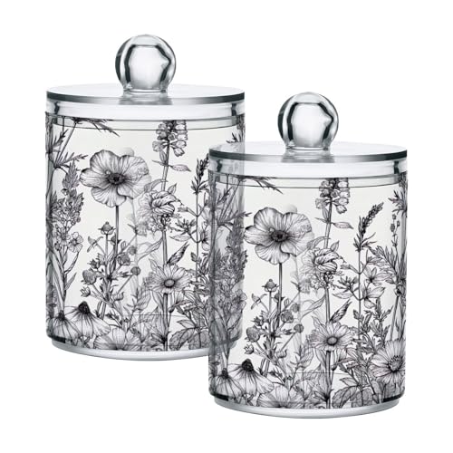 FLildon Black and White Flowers Qtip Holder Dispenser, Bathroom Organizer and Storage Containers, 2Pack Clear Plastic Apothecary Jars with Lids for Cotton Ball, Cotton Swab, Floss
