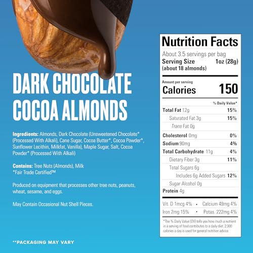 Image of SkinnyDipped Dark Chocolate Cocoa Almonds, Healthy Snack, Plant Protein, Gluten Free, 3.5 oz Resealable Bags (Pack of 5)