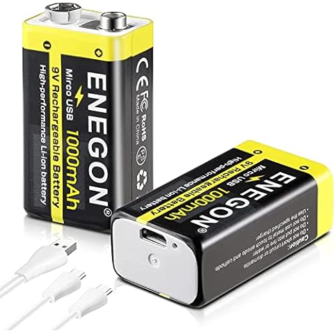 ENEGON Baterías de Litio Recargables de 9V, 1000mAh con Cable de Carga USB 2 en 1 Cover