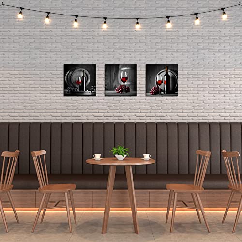 Tiuauit Kitchen Pictures Wall Decor Red Wine Cups Grape Canvas Art Black And White Prints Framed Artwork For Dining Room 12"X12"X3Pcs #TOP3