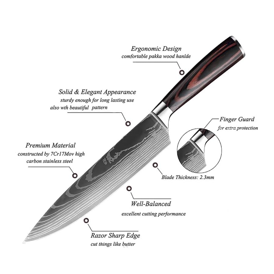 KEPEAK 5 Piece Kitchen Knife Set, Chef Knife Santoku Cleaver Paring Knives High Carbon Steel, Pakkawood Handle for Vegetable Meat Fruit