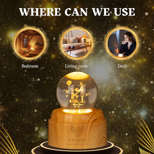 Image of KRESHU Propose 3D Crystal Rotating Glass Ball Dimmable Warm LED Light Wooden Stand Luminous USB Cable Decoration Night Lights for Art Home Decoration Birthday Gift (Pack of 1)