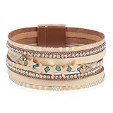 RIAH FASHION Bohemian Faux Leather Wrap Multi Layer Statement Bracelet - Cross Christian Religious Leatherette Cuff Crystal Rhinestone, Metallic Bead (Multi Wrap Bracelet - Snake Ivory)