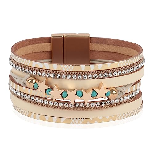 RIAH FASHION Bohemian Faux Leather Wrap Multi Layer Statement Bracelet - Cross Christian Religious Leatherette Cuff Crystal Rhinestone, Metallic Bead (Multi Wrap Bracelet - Snake Ivory)