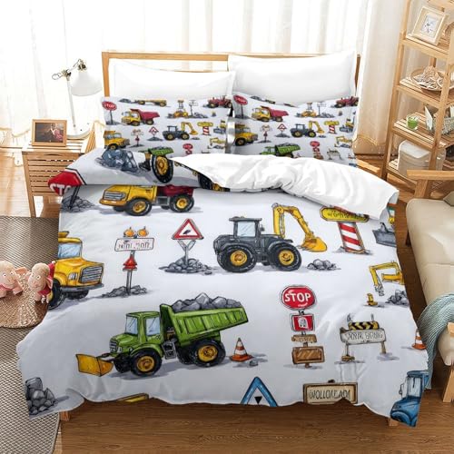 JCOUSDAEO Construc Vehicles Linge de Lit Confortable Hypoallergique 3 pièces Cartoon Kids Design_ Ensemble De Literie avec 2 x Taies d'oreiller Super Douce for Décoration de Chambre Single（140x200cm） – vue 2