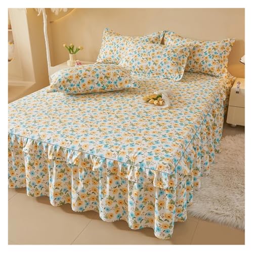 Falda de cama algodón floral protector de colchón ajustable individual 3
