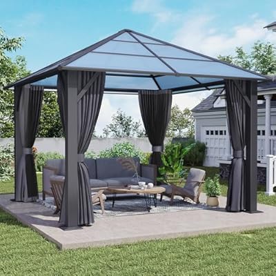 10'x10' Hardtop Gazebo, Outdoor Polycarbonate Gazebo with Netting and Shaded Curtains, Aluminum Frame Heavy Duty Gazebo for Patio, Backyard, Deck and Lawn (10x10)