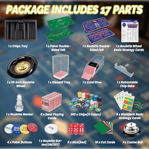 5 in 1 Super Casino Game Set: Blackjack/Roulette/Craps/Texas Hold\'em/Poker Kit with Shoe+Discard Tray+360 Chip+8 Deck Card+Roulette Wheel+2 Felt+Stratedgy Card+Chip Rake(02)