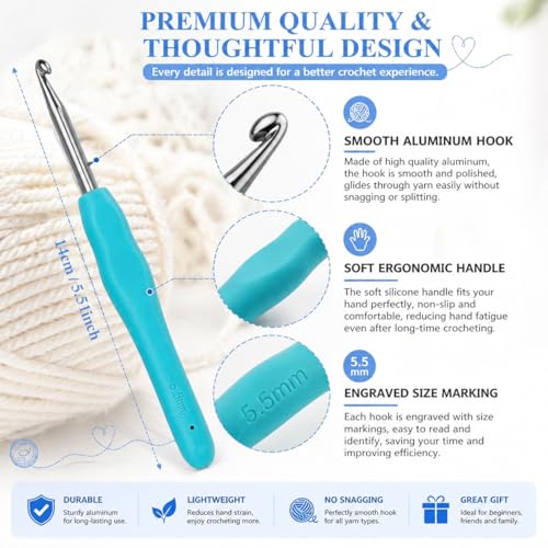 Image of Crochet Hooks, 9PCS Crochet Needles, 2mm-6mm Ergonomic Soft Grip Crochet Hook Set, Crochet Kit for Beginners, Aluminum Yarn Hooks for Arthritic Hands,Comfortable Crochet Needles,Craft Gift for Women