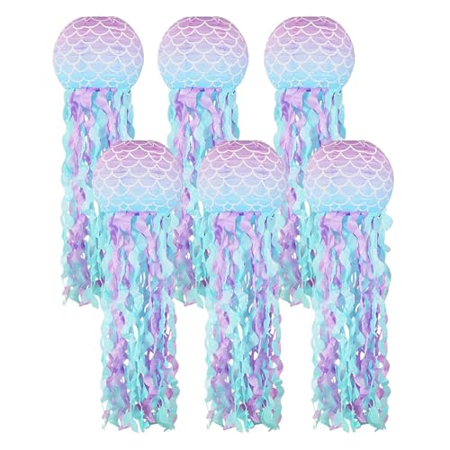 LIHAO Mermaid Birthday Decorations, Jellyfish Paper Lanterns 6pcs, Mermaid Scales Jellyfish Lanterns for Under The Sea Party Decorations Little Mermaid Party Favors Baby Shower