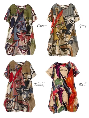 FTCayanz Women's Casual Midi Dresses Short Sleeve Loose Print T Shirt Dress with Pockets2