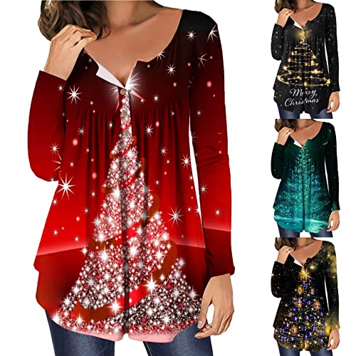 Women's Hide Belly Fat Loose Tops Christmas Style Graphic Long Sleeve Tunic Shirts Teen Girls Fall Button Up Henley Casual Blouses For Leggings #TOP2