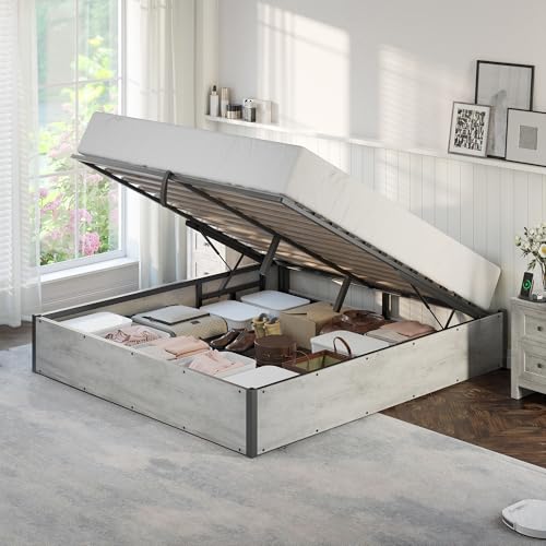 AMERLIFE Full Storage Bed Frame, Wooden, White Oak