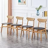 Wood Dining Chairs Set of 4, Farmhouse Upholstered Dining Chairs with Rattan Backrest and PU Leather