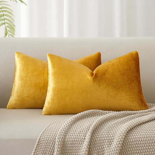 Image of JUSPURBET Pillow Covers 14x24 Set of 2 Decorative Lumbar Throw Pillow Covers Case for Couch Sofa Bed Soft Velvet Cushion Covers with Hidden Zipper for Home Decor Living Room,Golden